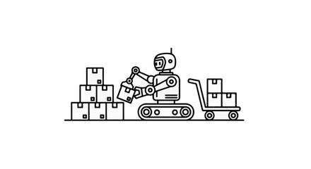 Naklejka premium Robotic arm moves boxes onto a cart, with stacked boxes nearby