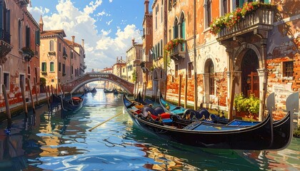 Obraz premium A serene Venetian canal scene with a gondola and historic buildings