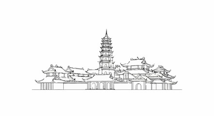 Fototapeta premium Sketch of a tall, multi-tiered pagoda surrounded by traditional, multi-roofed buildings
