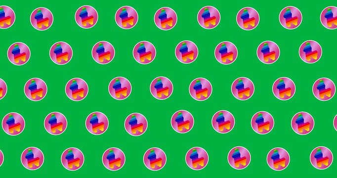 Digital animation of multiple unicorn icon on round banner in seamless pattern on black background