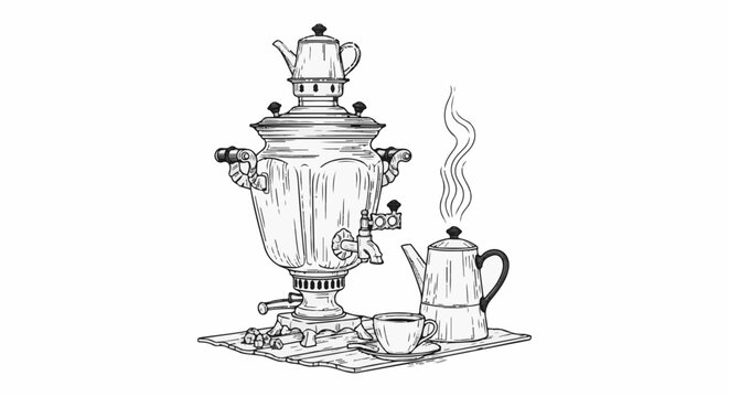 Sketch of a traditional samovar with a teapot, cup, and saucer on a wooden tray