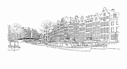 Fototapeta premium Sketch of canal with boats and tall buildings