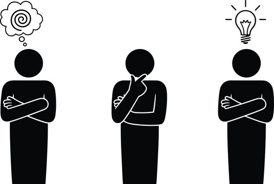 Confusion to idea silhouette icon illustration, thinking pose artwork, problem solving design, realization graphic, creativity symbol, insight profile