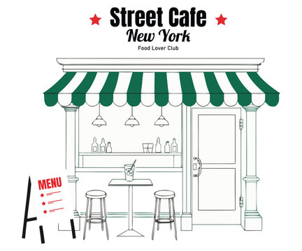 Vector illustration of a Parisian cafe storefront featuring a wooden table and chairs on the street near a shop window and restaurant sign.