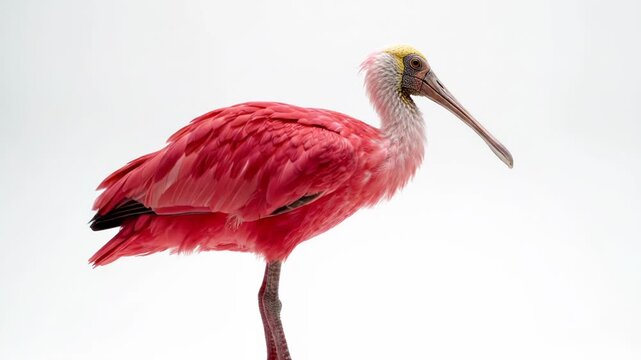 Stunning Roseate Spoonbill Bird with Vivid Pink Plumage Standing on One Leg Against a Clean White Background Stunning Detail Elegance