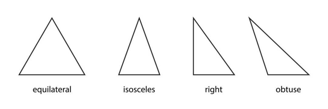Set of triangles - equilateral, isosceles, right, and obtuse. Vector illustration