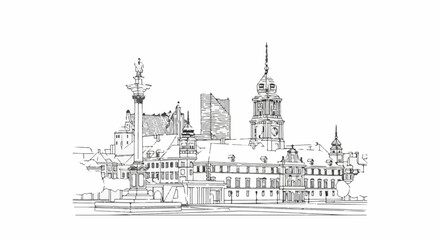 Fototapeta premium Sketch of a historic cityscape featuring a column, a clock tower, and modern buildings