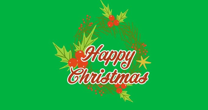 Happy christmas text banner over christmas wreath decoration icon against black background