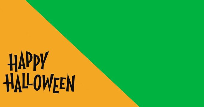 Digital animation of happy halloween text banner against yellow and black dual tone background