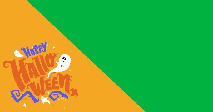 Digital animation of happy halloween text banner against yellow and black dual tone background