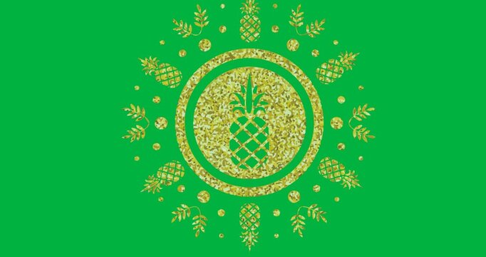 Digital animation of multiple golden pineapple icons over a banner against black background