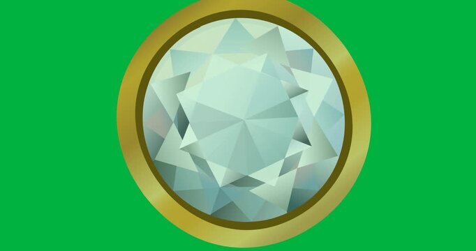 Digital animation of diamond over round golden banner against black background