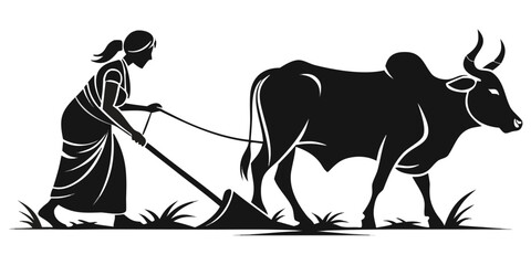 Black silhouette vector illustration of a bull cow and calf standing alongside a wild horse and farm dog in a minimalist western nature scene. © Shofikul islam