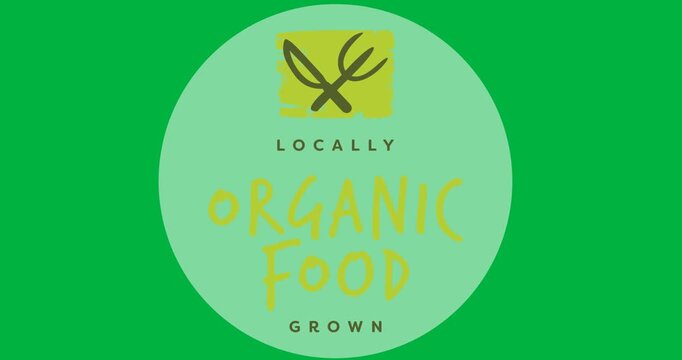 Digital animation of organic food text over a grey round banner on black background