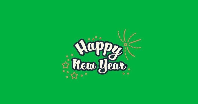 Digital animation of happy new year text banner with star icons against black background