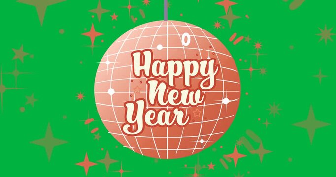 Happy new year text banner over a disco ball with shiny star icons against black background