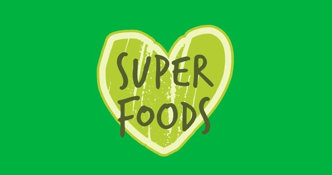 Digital animation of super foods text on heart shape banner against black background