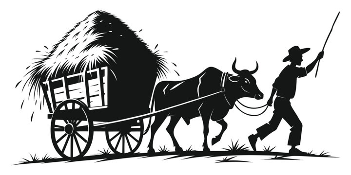 A cute vector illustration of a horse and rider beside a black and white dairy cow and livestock on an isolated farm nature background.