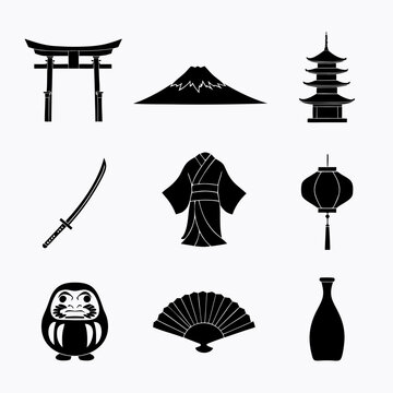 Japanese cultural traditional icon set, vector symbols of Fuji, Ninja sword, Kimono, Torii gate and Daruma for travel and celebration design