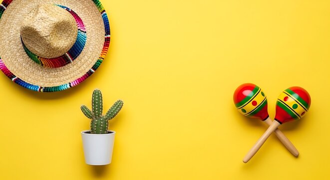 A vibrant Mexican-themed arrangement with a sombrero, cactus, and maracas on a yellow background