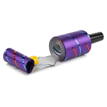 Two purple party blowers with red and blue stripes on a white background noisemaker celebration