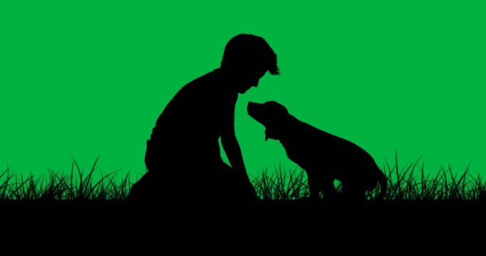 Digital animation of silhouette of boy and dog on a grass icon against black background