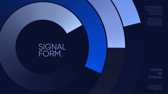 Blue circle abstract music event poster template with geometric rings on dark background
