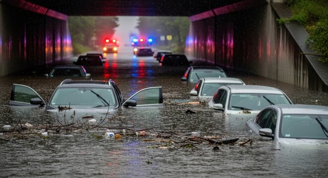 Flooding cars under bridge in rain