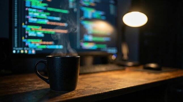 A steaming black mug sits on a wooden desk. Computer monitor with code glows in the background. Moody atmosphere for late night work. Ideal for technology and productivity themed content.