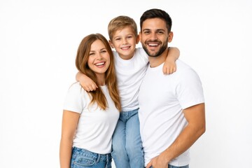Fototapeta premium Happy family portrait parents and child smiling together isolated background