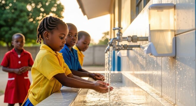 Children at outdoor water station