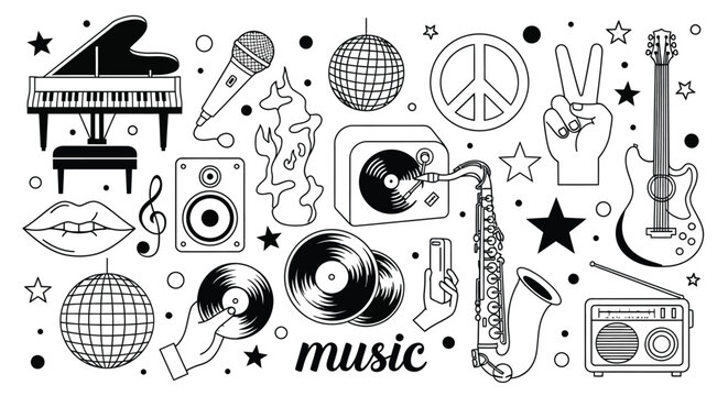 Music icons, black and white, vector graphics, music symbols, disco elements