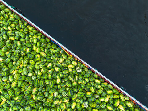 Aerial view of a truck loaded with vibrant green and yellow striped watermelons contrasted against the dark truck bed, Dhaka, Dhaka Division, Bangladesh.