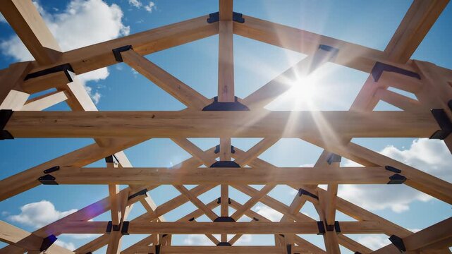 Wooden roof truss structure against sky for commercial backgrounds, digital design, and advertising