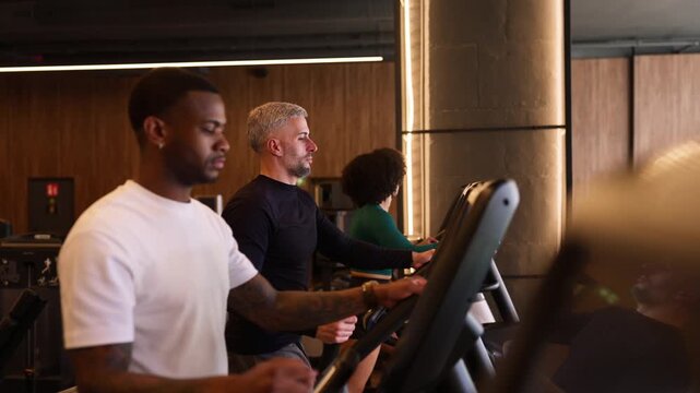 Diverse people exercising on elliptical machines at the gym
