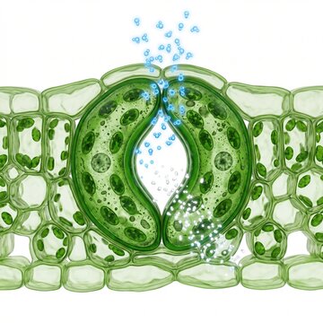 Detailed 3D render of a plant stomata exchanging gases and water molecules in a scientific illustration