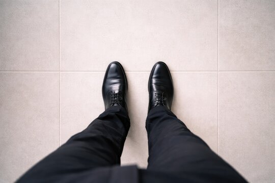 Top view of elegant black leather shoes on light ceramic tiled floor minimal business fashion concept