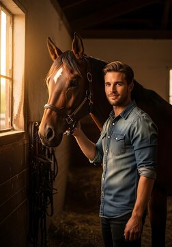 Portrait of a man with his horse in stable.