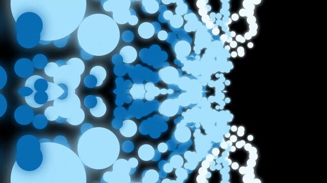 Abstract arrangement of light blue and dark blue circles creating a symmetrical dot pattern on a black backdrop illuminated design