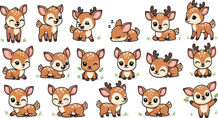 Fototapeta premium Cute baby deer fawn character set with various poses and expressions
