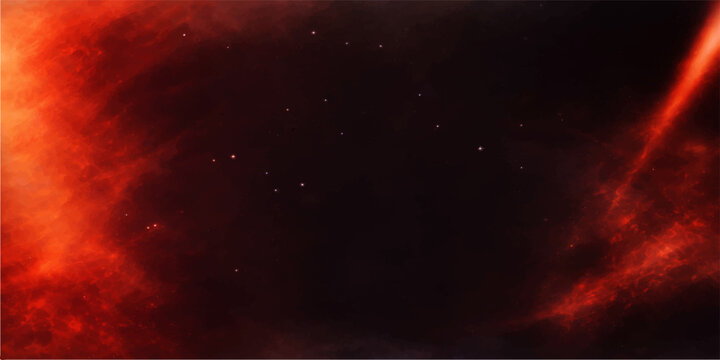 A dramatic fire explosion background erupts with glowing red smoke and cosmic dust against a dark night sky filled with a blue nebula, shimmering stars, and deep galaxy textures