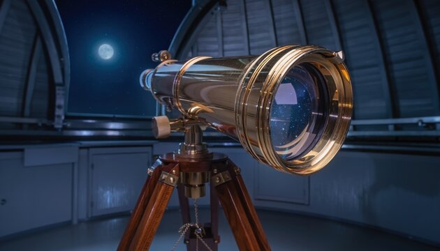 Antique brass telescope focused on the night sky and moon from within an observatory dome