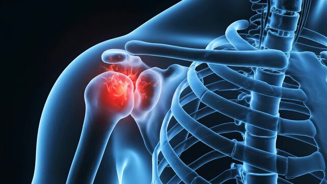 Human skeletal shoulder joint inflammation for commercial backgrounds, digital design, and advertising