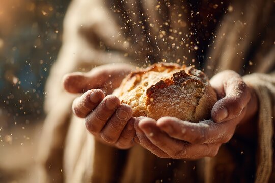 Jesus Christ hands holding bread, warm golden light