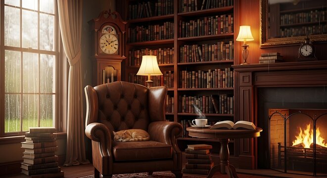 Cozy library room with armchair.