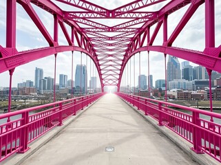 Naklejka premium A bright pink bridge arches toward a cityscape on a clear day, symbolizing connection.