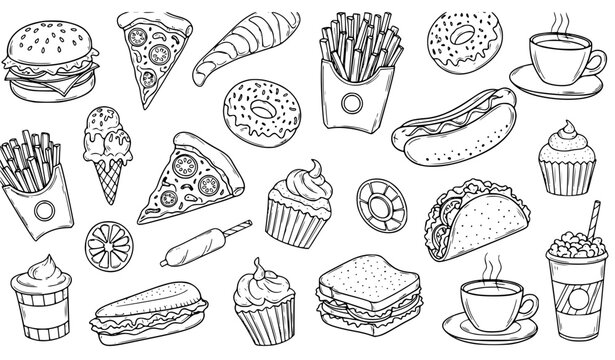 Hand drawn black and white food doodle pattern with fast food snacks and drinks vector