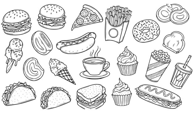 Hand drawn black and white food doodle pattern with fast food snacks and drinks vector