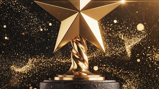 Golden star trophy on pedestal for commercial backgrounds, digital design, and advertising