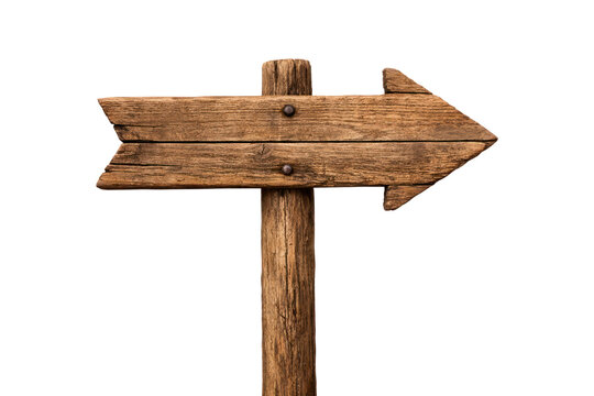 Rustic wooden arrow signpost, weathered timber direction sign, blank wood pointer board for navigation and wayfinding isolated PNG with Transparent Background